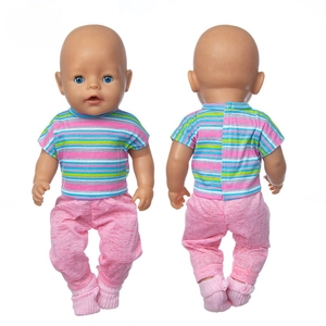 Front and back view of realistic 18 inch baby doll wearing striped tee and pink pants