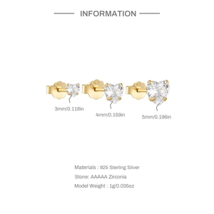 Detailed size guide for S925 sterling silver gold heart stud earrings in 3mm 4mm 5mm sizes