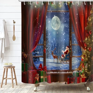 Detail of Christmas shower curtain featuring Santa, reindeer, and gifts in vivid colors