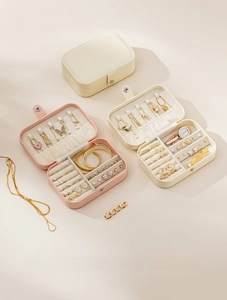Detail view of the portable PU leather jewelry box with necklace hooks and ring slots
