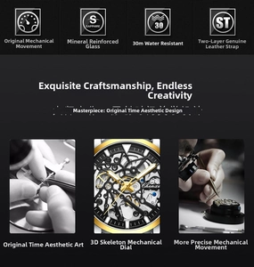 Macro detail of men's automatic watch with 3D hollow dial and genuine leather strap