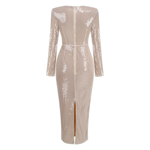 Detail view of champagne sequin midi dress featuring slim fit and hidden back zipper