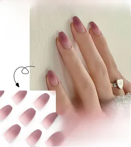 Short matte grape gradient press-on nails in purple and pink tones with kit