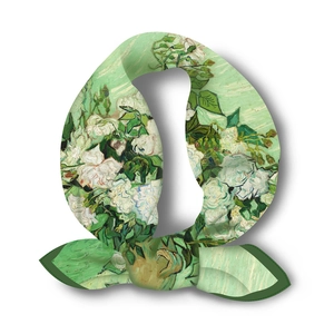 Close-up of a knotted green silk scarf featuring Van Gogh's White Roses artwork print
