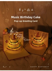3D pop-up birthday card with LED lights and music, featuring a multi-layer paper cake