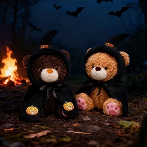Halloween teddy bears in wizard outfits with pumpkins on high-quality dark forest background