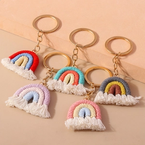 Handmade Woven Rainbow Tassel Keychain Boho Macrame Bag Pendant Colorful Cotton Rope Key Ring For Women Girls Gift