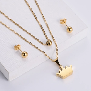 Crown Pendant Double Layer Necklace And Round Bead Earrings 18K Gold Plated Stainless Steel Minimalist Jewelry For Women