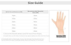 Size guide for sea world animal charm bracelets showing wrist measurements and sizing