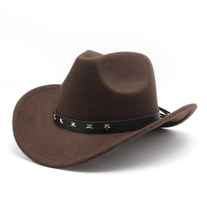 Dark brown wool felt cowboy hat with wide brim and decorative silver star studded leather band