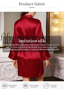 Detail showing red satin bathrobe fabric with black trim and washing care instructions