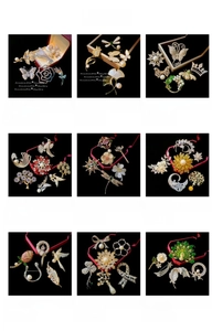 Detailed collage of alloy brooches with pearls and zircons in various floral and animal shapes
