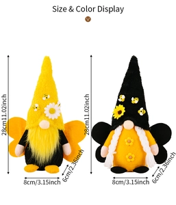 Detailed size chart showing two bumblebee gnomes height 28cm and width 8cm