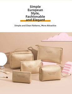 Five-piece champagne gold PU leather travel cosmetic set with textured pearl finish