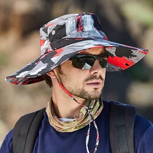 Chapeau de soleil camouflage à large bord avec cordon réglable pour activités de plein air