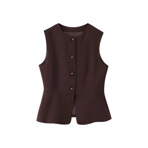 Sleeveless dark brown top with ruffled hem and buttons for a stylish slim fit