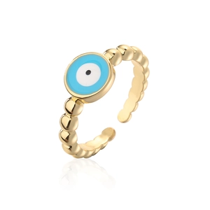 Detail of 18K gold-plated beaded band ring featuring a blue enamel evil eye charm