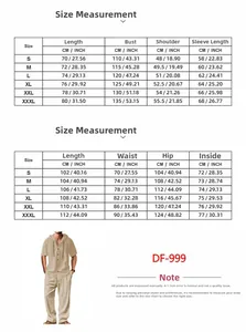 Detailed size chart for men's cotton linen leisure hooded shirt and pants set measurements