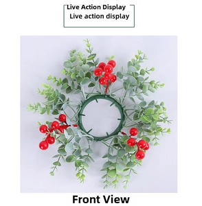 Detail showing artificial red berry and eucalyptus leaf candle ring with green plastic base