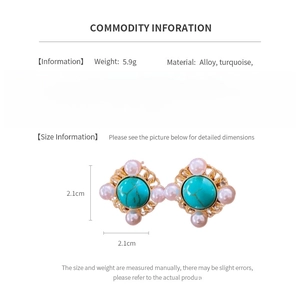 Detail view of vintage pearl earrings with turquoise inlay and gold-tone alloy frame