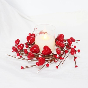 Romantic Valentine heart berry wreath with glass candle holder and LED candle light