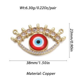 Detaillierte Maße des Evil Eye Anhängers mit einer Höhe von 23mm und Breite 38mm