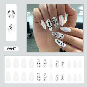 Aurora almond almond press-on nails with cat patterns and pearl finish, 24 piece set W947