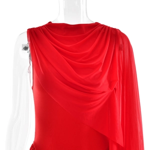 Close-up of red ruched mesh fabric detailing on a slim fit bodycon party dress