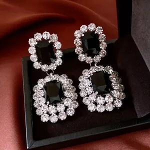 French palace style earrings with black square gemstone and sparkling rhinestones
