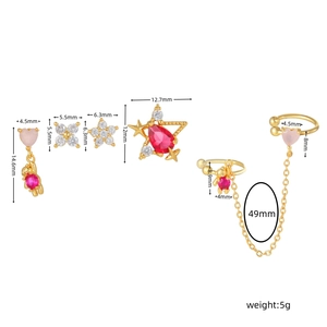 Detailed size specifications for the 6-piece gold earring set with pink heart and zircons