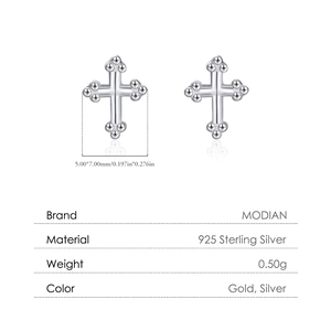 Polished S925 sterling silver mini cross stud earrings with dimensions and weight specs