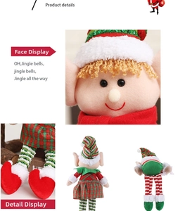 Close-up of Christmas elf doll face with golden hair and striped leg details