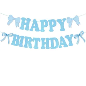 Blue glitter HAPPY BIRTHDAY banner set with satin bows and product dimensions detail