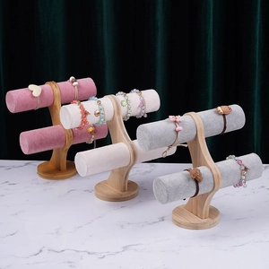 Two-tier bamboo and velvet jewelry display stand for bracelets and watches in three colors