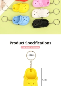 Mini clog shoe keychain variety in vibrant colors with 7.4cm measurement details