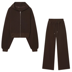 Survêtement marron foncé pour femme avec sweat à capuche zippé court et pantalon large
