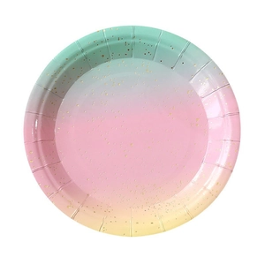 Rainbow gradient disposable paper plates with gold foil speckles for party table decor
