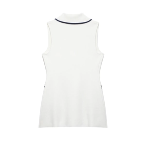 Back view of a white sleeveless knit vest with navy blue contrast trim on the neckline