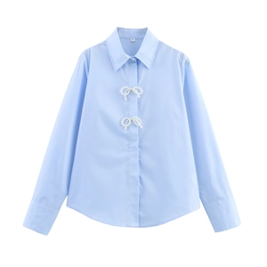 Damen Langarm Bluse Hemd Himmelblau Polyester Popeline Lockere Passform Umlegekragen Künstliche Perle Schleife Dekoration Elegantes Oberteil