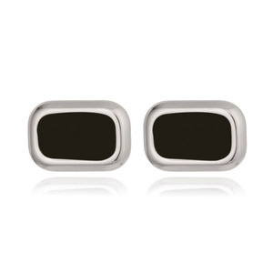 Detailed close-up of classic silver-tone cufflinks with a sleek black rectangular inlay