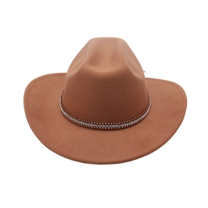 Detailed view of the brown wool felt cowboy hat featuring a studded rhinestone band