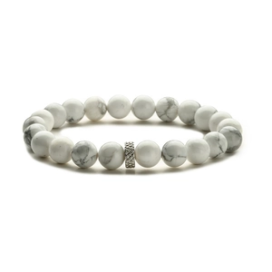 Minimalist beaded tiger eye and white stone bracelet with a textured silver focal bead