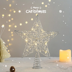 Silver lighted star Christmas tree topper with warm LED lights and metal wire frame