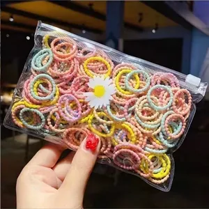 Close-up of colorful high-elastic hair ties set in a clear pouch with daisy logo