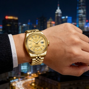 Detail of gold men's watch with Roman numerals, calendar window and fluted bezel design