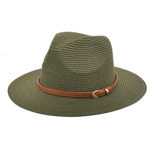 Close-up of a dark green Panama straw hat with a brown leather belt and golden buckle