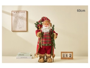 Detailed view of a 60cm Santa Claus doll in red plaid outfit with a gift sack
