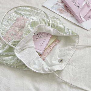 Detailed top view of mint green canvas tote bag with lace trim and magnetic closure