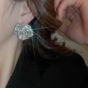 Close-up of sparkling silver flower tassel earrings with rhinestones on a model