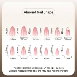 Size chart for 3D floral almond press-on nails including 12 different nail measurements